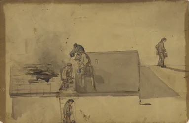 A Fire at Pomfret, c.1858 (wc på brunt papper)